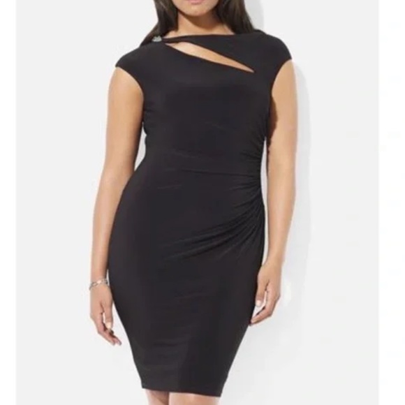 Ralph Lauren Pleated Jersey Dress Cutout Embellished Black Sheath Midi - Picture 7 of 12